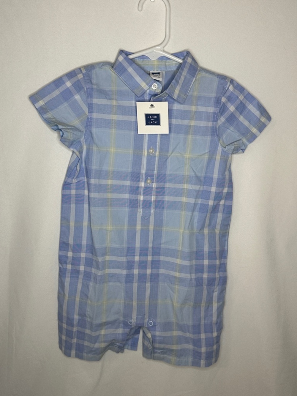 Janie and Jack Light Blue Plaid Button-Up Romper